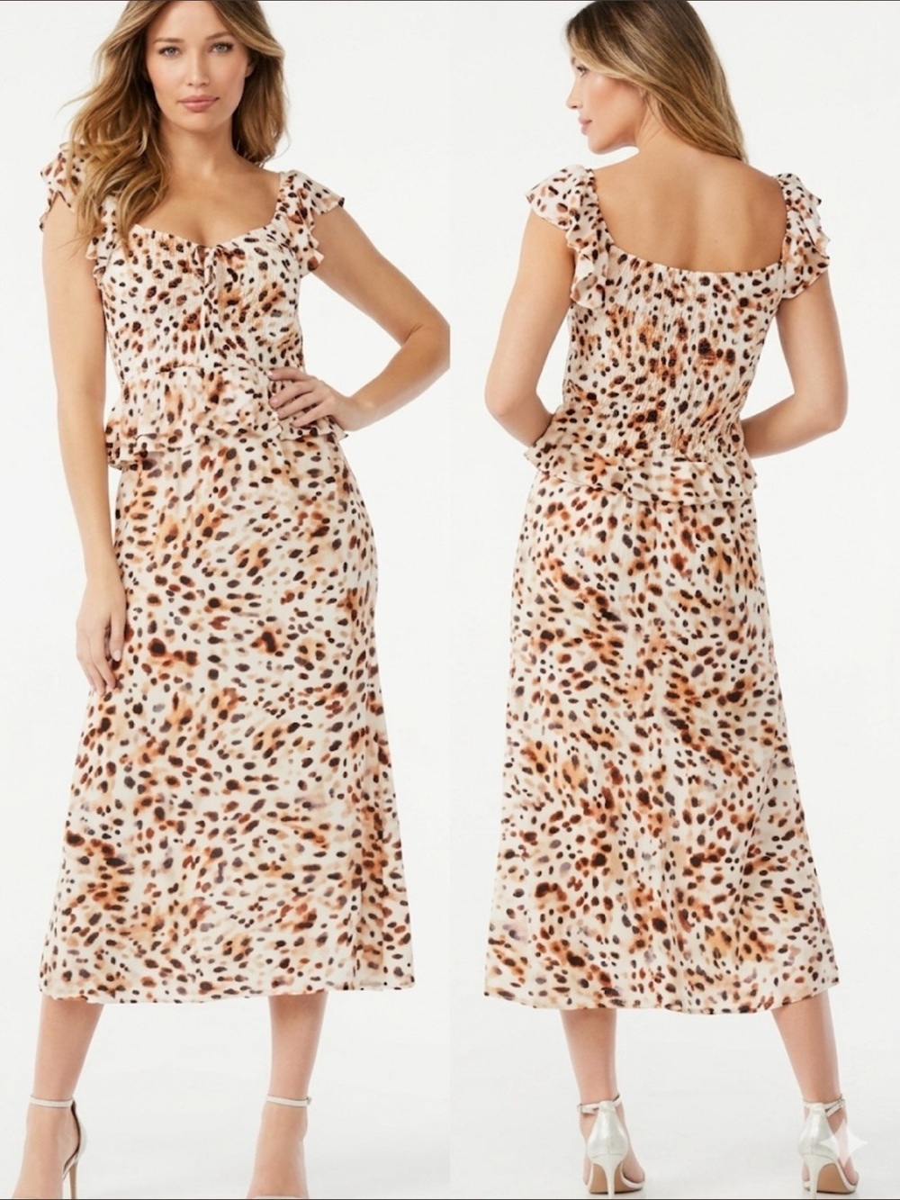 Sofia Vergara Beige Animal Print Sweetheart Flutter Sleeve Midi Dress NWT L Boho